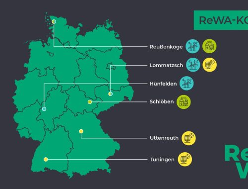 Übersichtsgrafik der teilnehmenden Kommunen an der ReWa-Studie (Titel), Deutschlandkarte mit den teilnehmenden Kommunen an der ReWA-Studie · Copyright: Agentur für Erneuerbare Energien