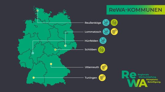 Übersichtsgrafik der teilnehmenden Kommunen an der ReWa-Studie (Titel), Deutschlandkarte mit den teilnehmenden Kommunen an der ReWA-Studie · Copyright: Agentur für Erneuerbare Energien